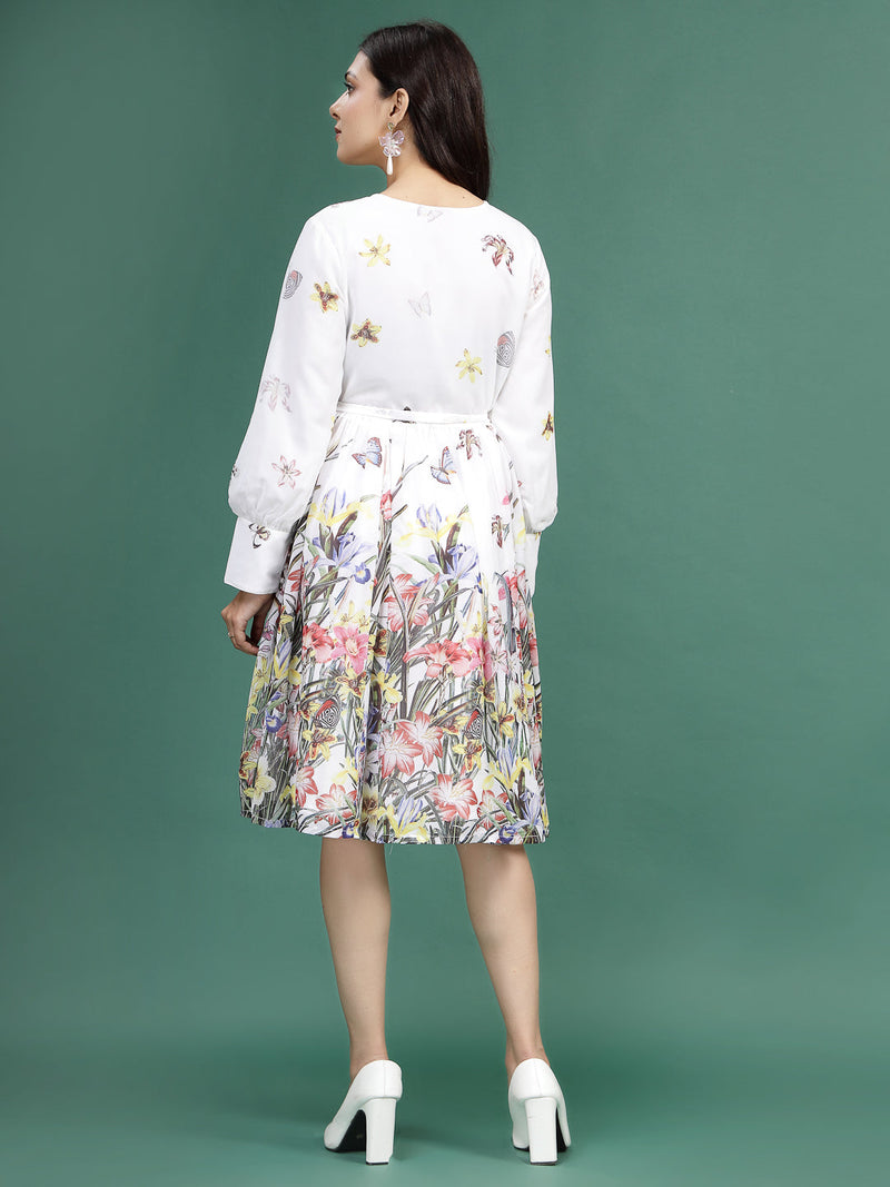 Women White Floral Printed V-Neck Ethnic Dress