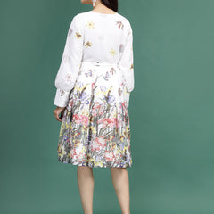 Women White Floral Printed V-Neck Ethnic Dress