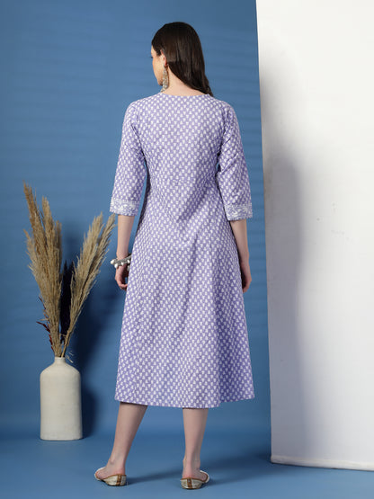 Women Purple A-Line Cotton Dress with Handwork Detailing
