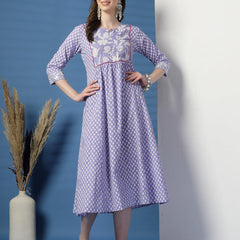 Women Purple A-Line Cotton Dress with Handwork Detailing