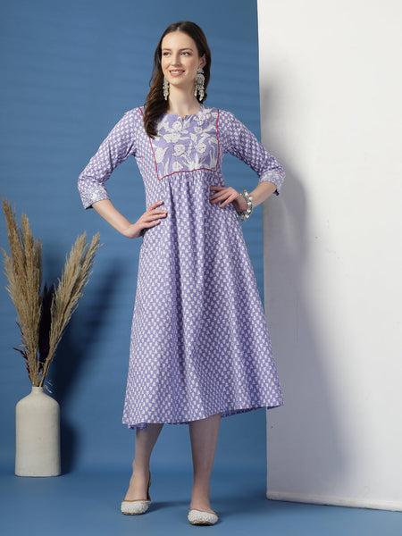 Women Purple A-Line Cotton Dress with Handwork Detailing