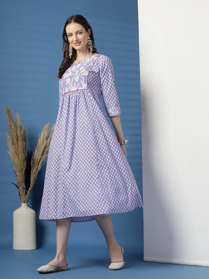 Women Purple A-Line Cotton Dress with Handwork Detailing