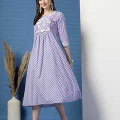 Women Purple A-Line Cotton Dress with Handwork Detailing