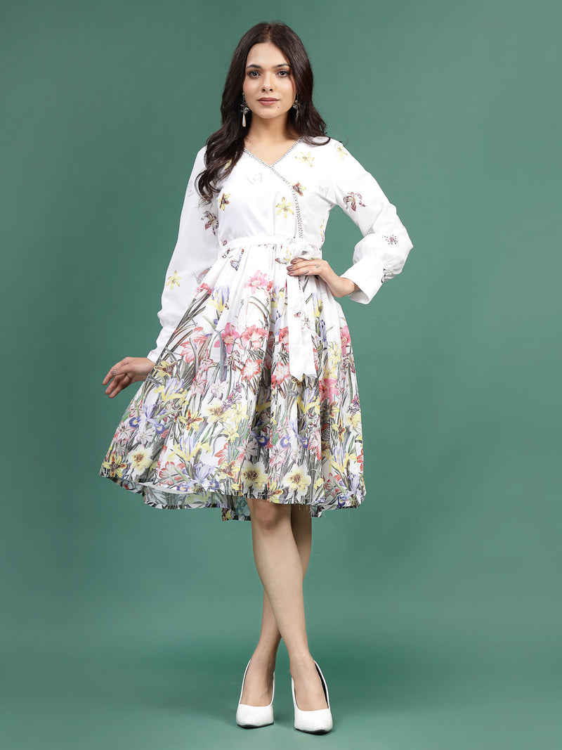 Women White Floral Printed V-Neck Ethnic Dress