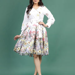 Women White Floral Printed V-Neck Ethnic Dress