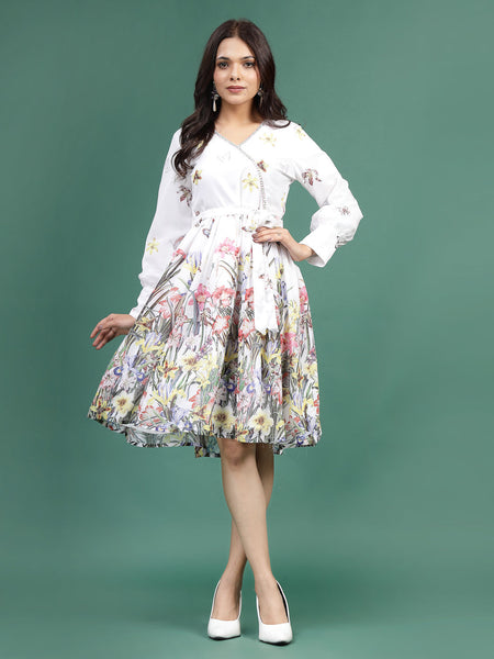 Women White Floral Printed V-Neck Ethnic Dress