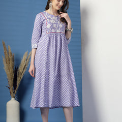 Women Purple A-Line Cotton Dress with Handwork Detailing