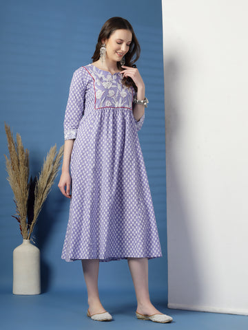 Women Purple A-Line Cotton Dress with Handwork Detailing