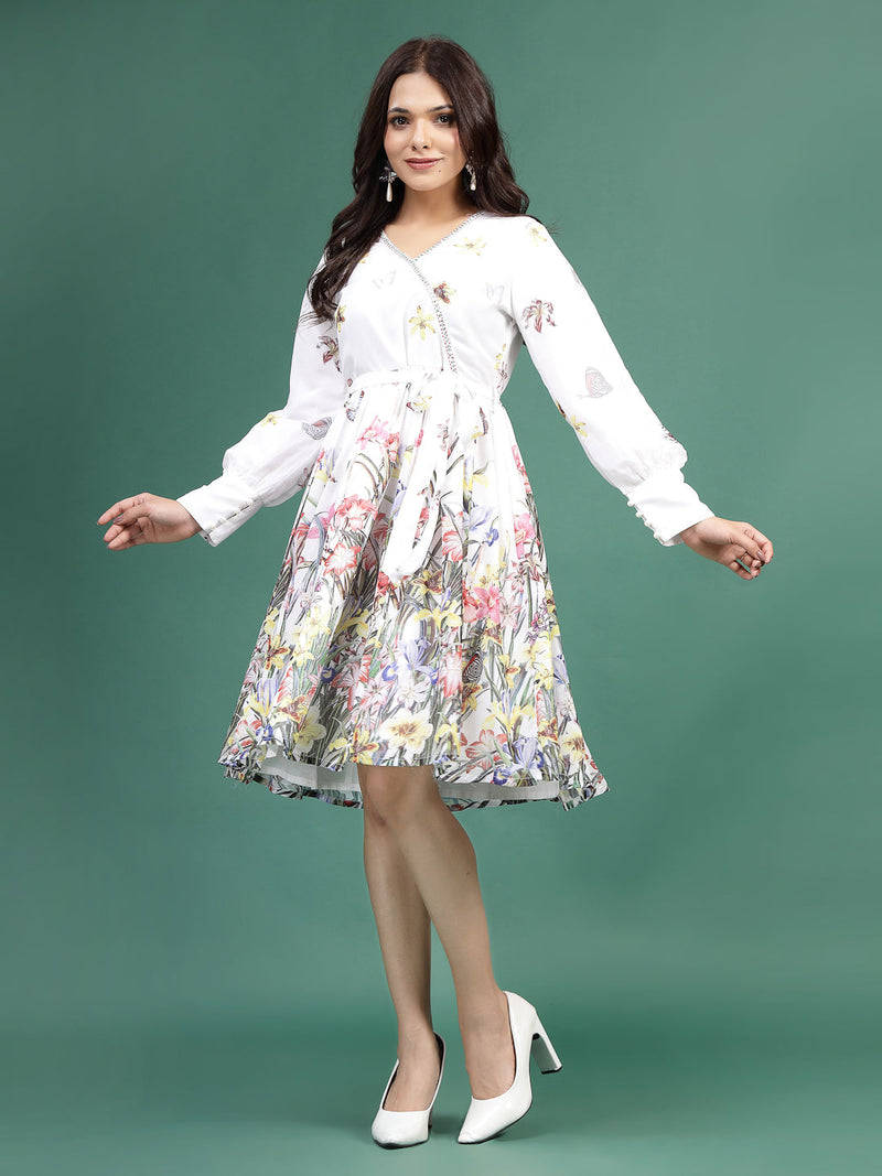 Women White Floral Printed V-Neck Ethnic Dress