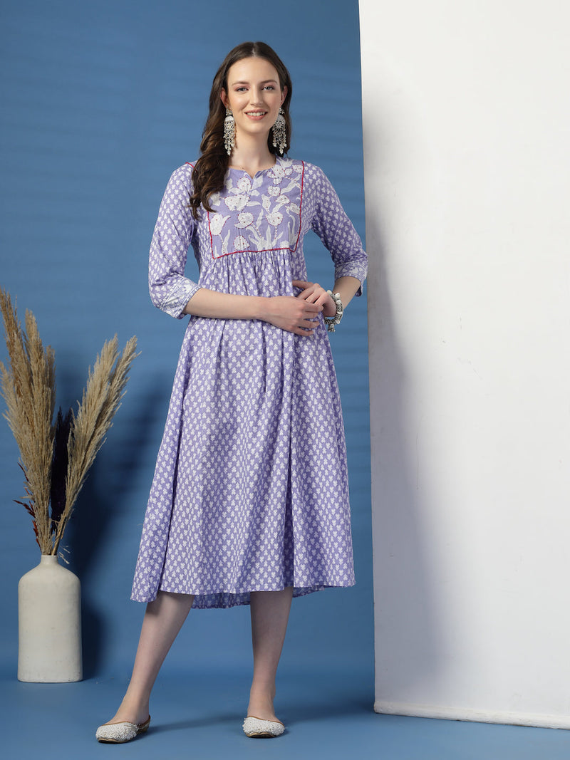 Women Purple A-Line Cotton Dress with Handwork Detailing