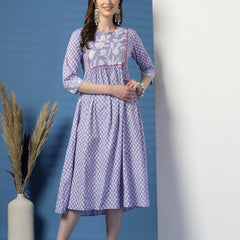 Women Purple A-Line Cotton Dress with Handwork Detailing