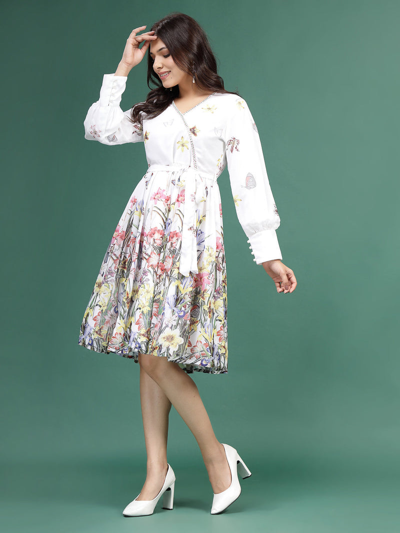 Women White Floral Printed V-Neck Ethnic Dress