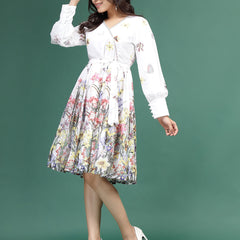 Women White Floral Printed V-Neck Ethnic Dress