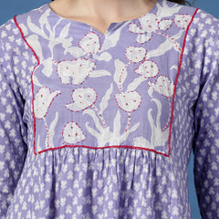 Women Purple A-Line Cotton Dress with Handwork Detailing