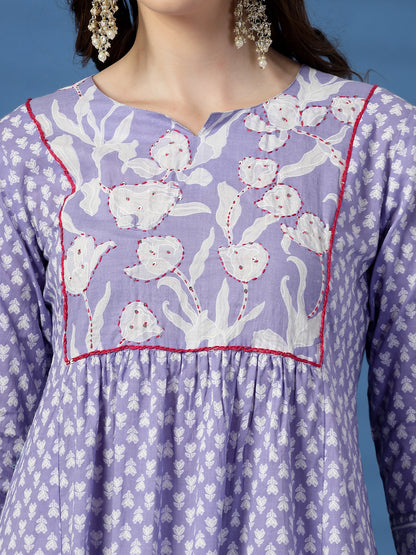Women Purple A-Line Cotton Dress with Handwork Detailing