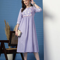 Women Purple A-Line Cotton Dress with Handwork Detailing