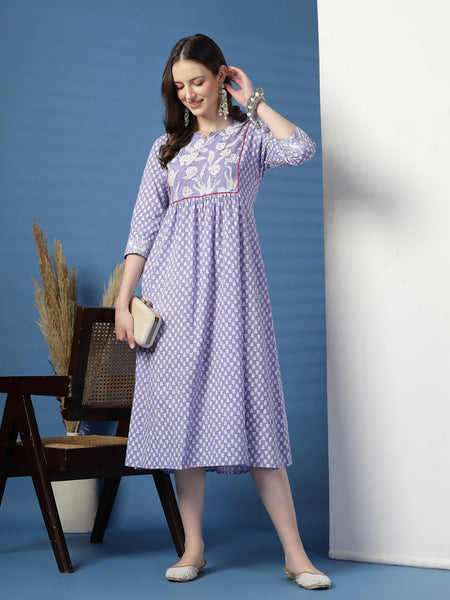 Women Purple A-Line Cotton Dress with Handwork Detailing
