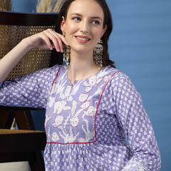 Women Purple A-Line Cotton Dress with Handwork Detailing