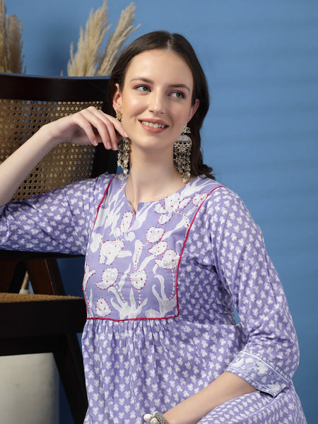 Women Purple A-Line Cotton Dress with Handwork Detailing