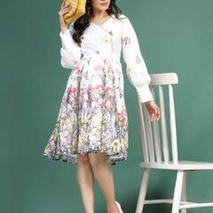 Women White Floral Printed V-Neck Ethnic Dress