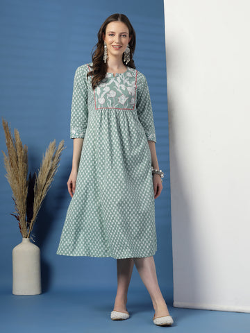 Elegant Olive A-Line Dress with Handwork Detailing