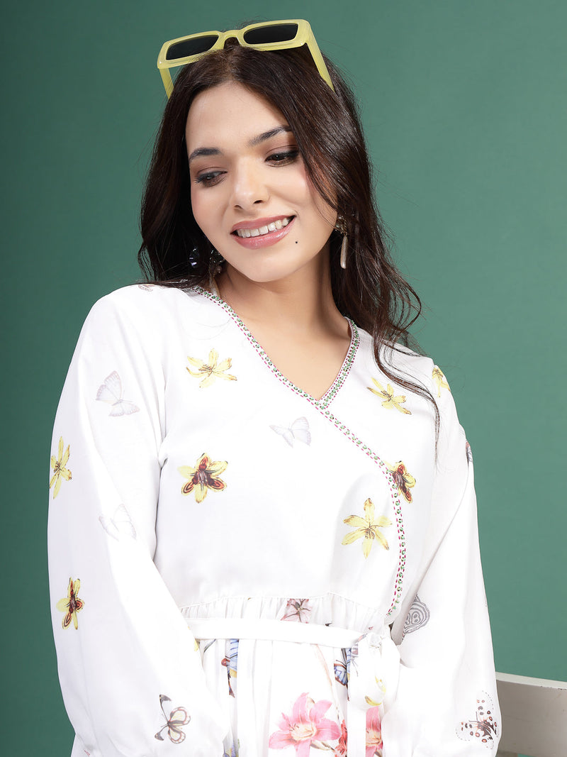 Women White Floral Printed V-Neck Ethnic Dress