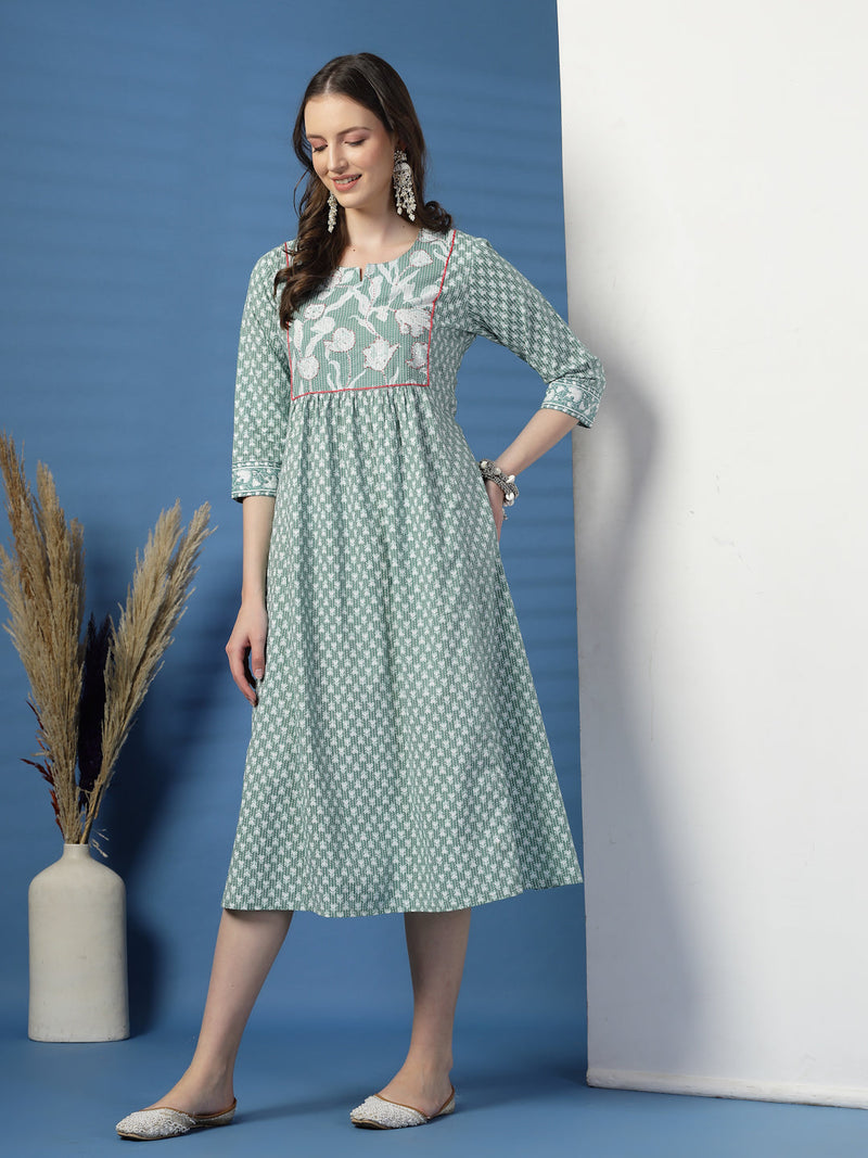 Elegant Olive A-Line Dress with Handwork Detailing