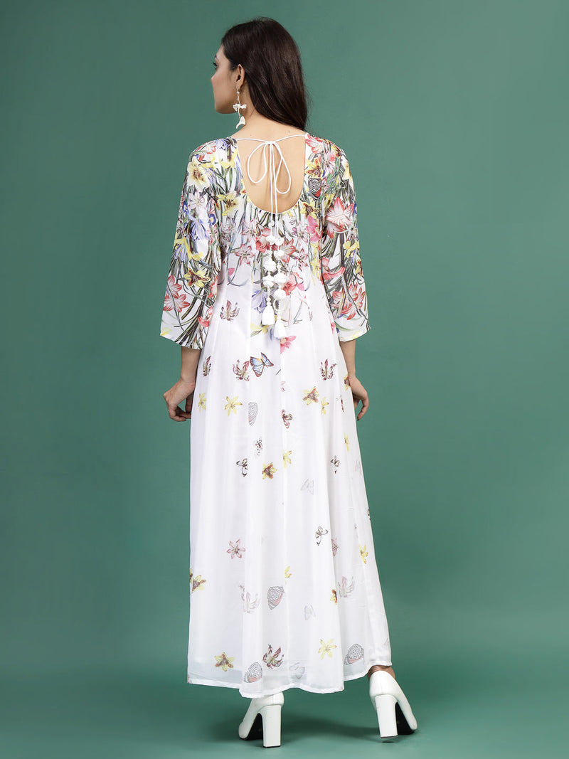 Women White Floral Printed Square Neck A-Line Ethnic Dress