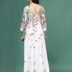 Women White Floral Printed Square Neck A-Line Ethnic Dress