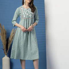 Elegant Olive A-Line Dress with Handwork Detailing