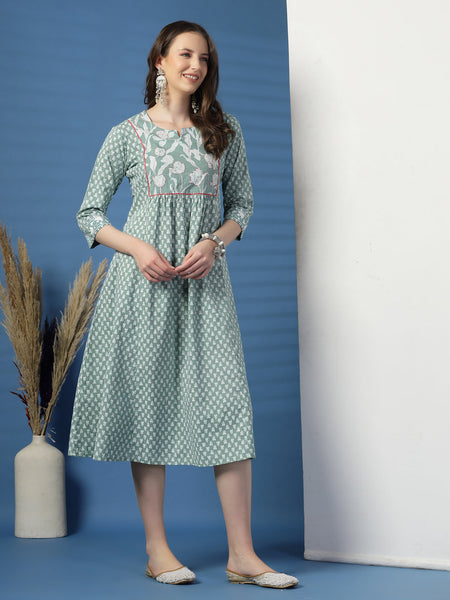 Elegant Olive A-Line Dress with Handwork Detailing