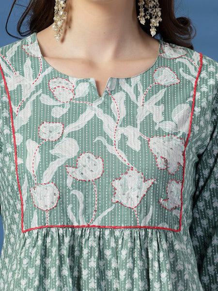 Elegant Olive A-Line Dress with Handwork Detailing