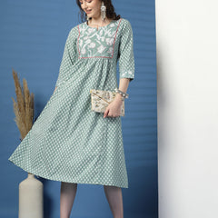 Elegant Olive A-Line Dress with Handwork Detailing