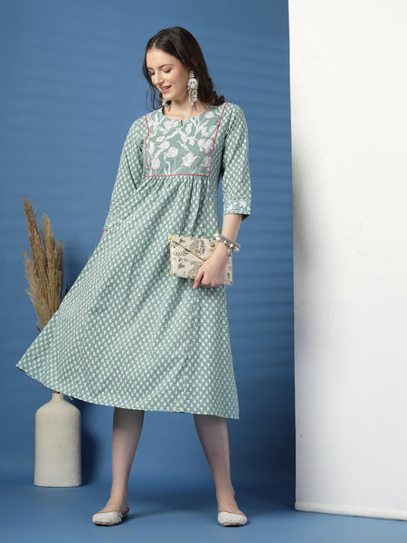 Elegant Olive A-Line Dress with Handwork Detailing