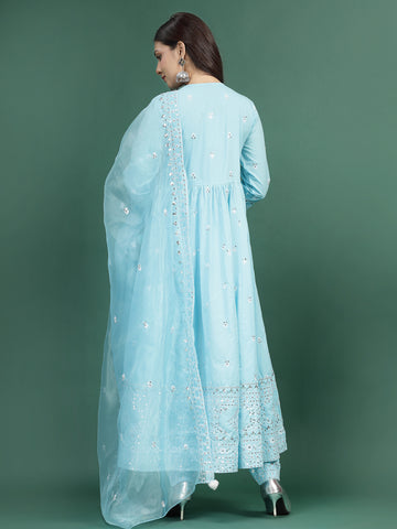 Women Turquoise Blue Color Embroidery Kurta Pant With Embroidery Dupatta Set