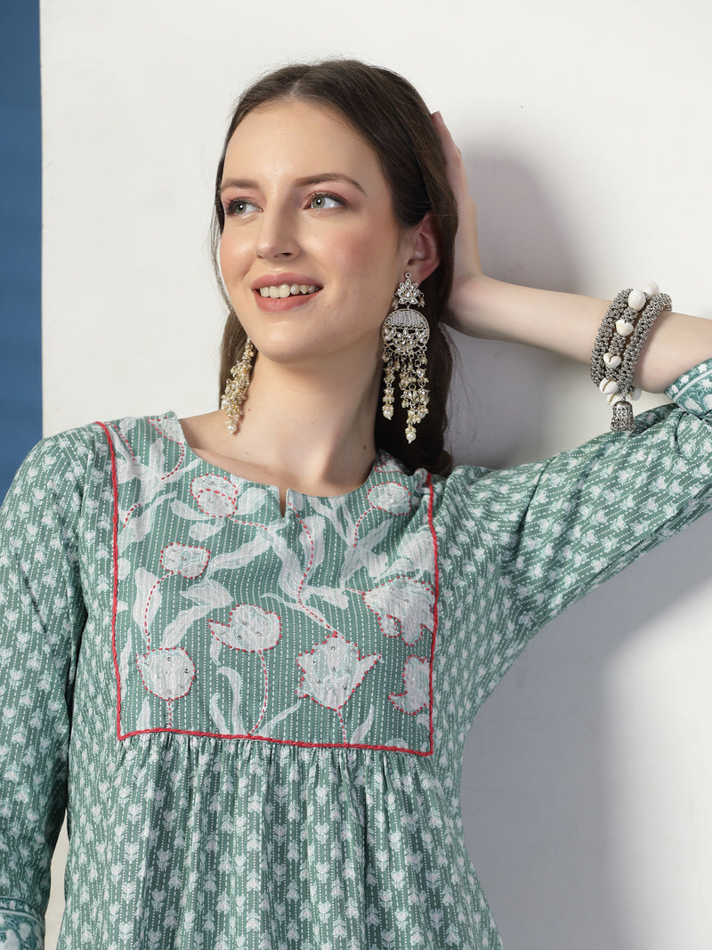 Elegant Olive A-Line Dress with Handwork Detailing