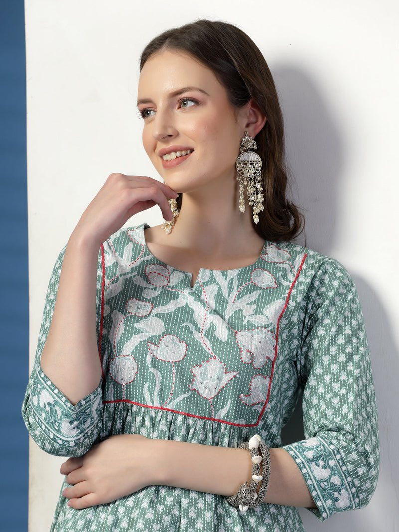 Elegant Olive A-Line Dress with Handwork Detailing