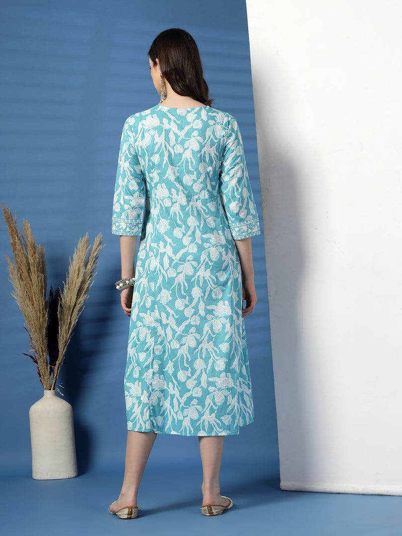 Women Sky Blue A-Line Dress with Handwork Detailing