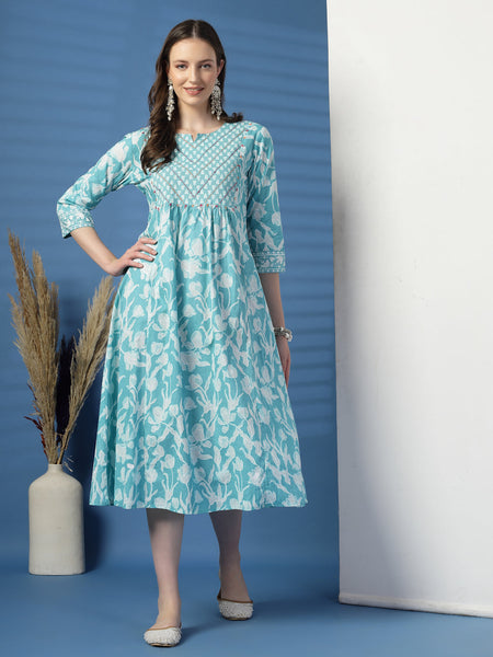 Women Sky Blue A-Line Dress with Handwork Detailing