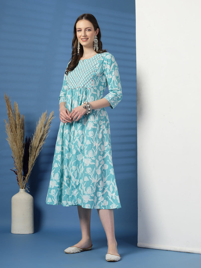 Women Sky Blue A-Line Dress with Handwork Detailing
