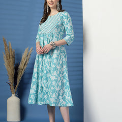 Women Sky Blue A-Line Dress with Handwork Detailing