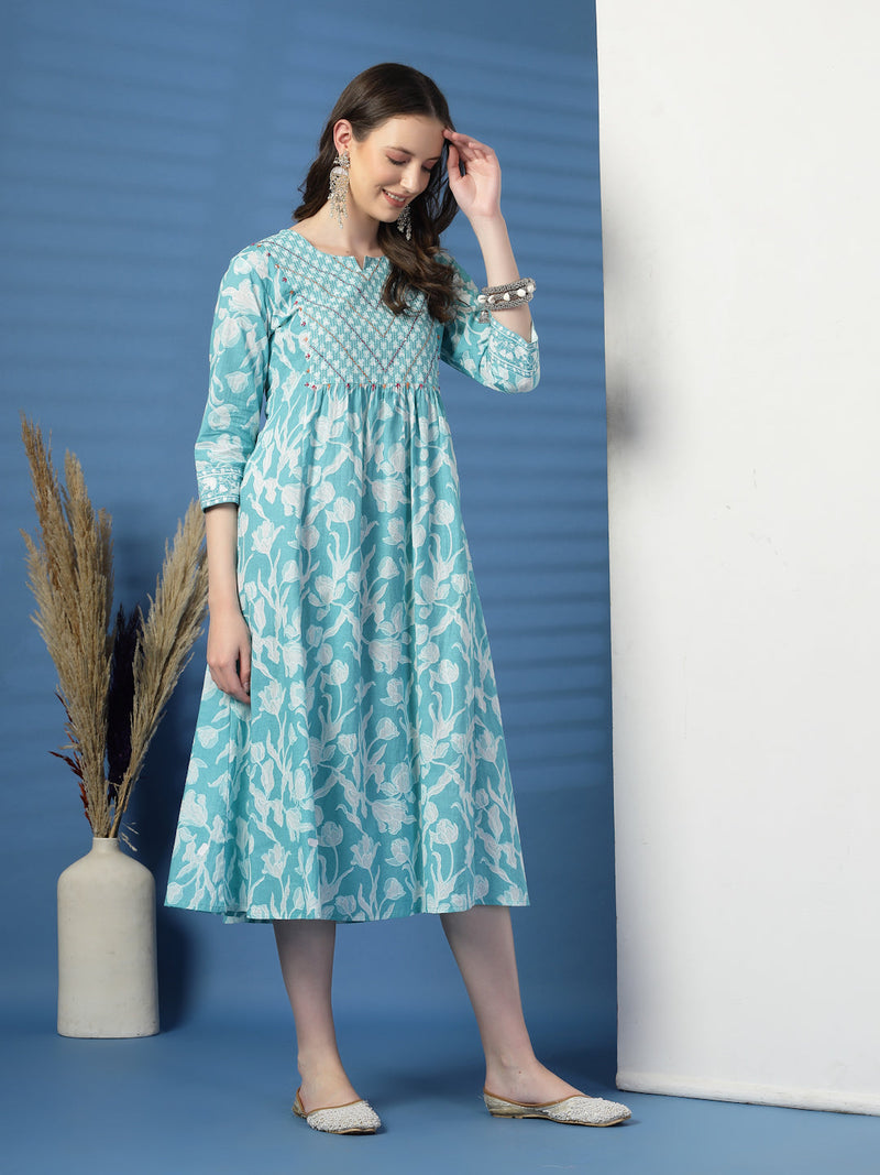 Women Sky Blue A-Line Dress with Handwork Detailing