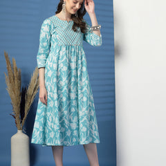 Women Sky Blue A-Line Dress with Handwork Detailing