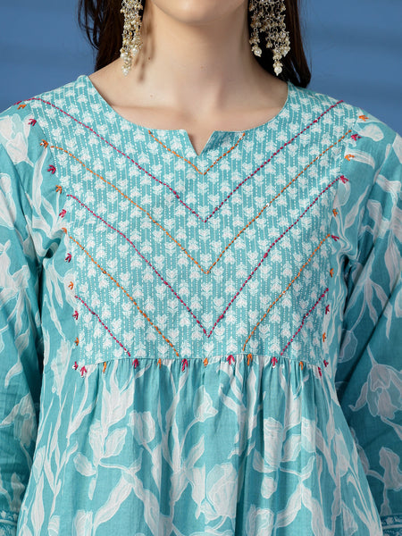 Women Sky Blue A-Line Dress with Handwork Detailing