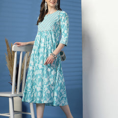 Women Sky Blue A-Line Dress with Handwork Detailing
