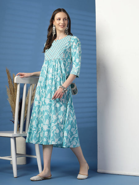 Women Sky Blue A-Line Dress with Handwork Detailing