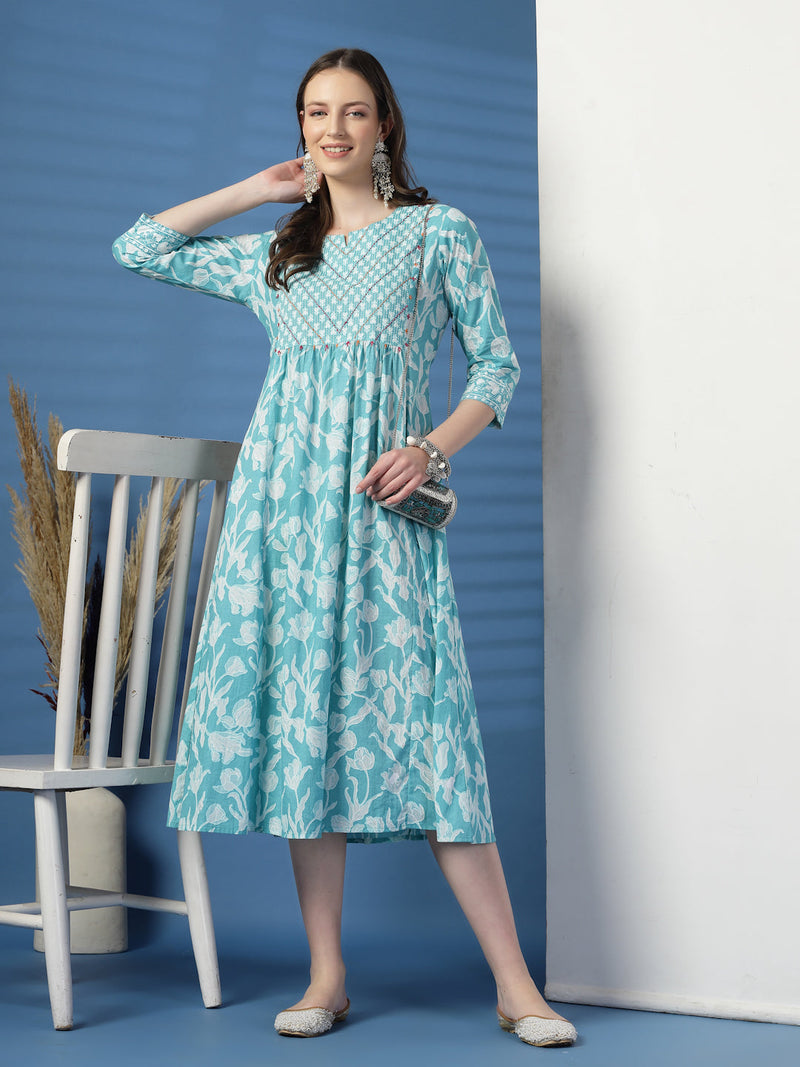 Women Sky Blue A-Line Dress with Handwork Detailing