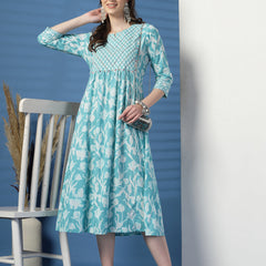 Women Sky Blue A-Line Dress with Handwork Detailing