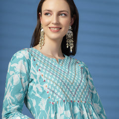 Women Sky Blue A-Line Dress with Handwork Detailing