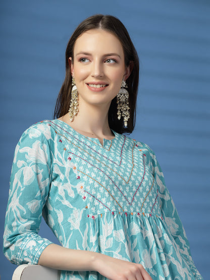 Women Sky Blue A-Line Dress with Handwork Detailing